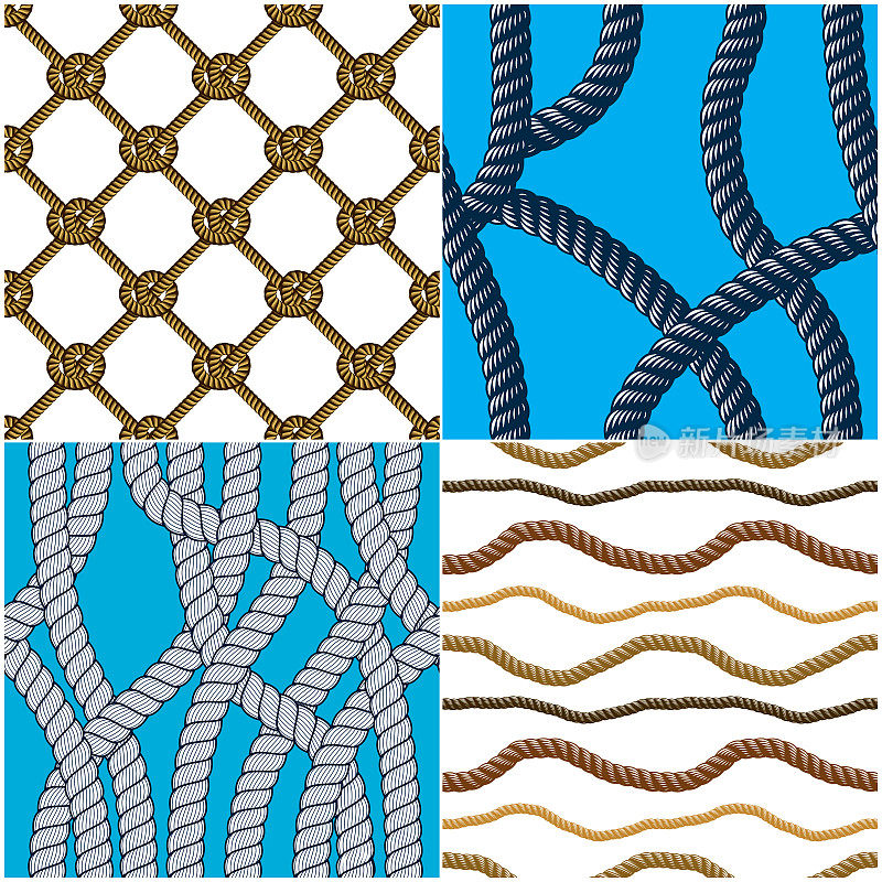 Rope seamless patterns set, trendy vector wallpaper backgrounds collection. Endless navy illustrations with fishing net ornament and marine knots. Usable for fabric, wallpaper, wrapping, web and print.